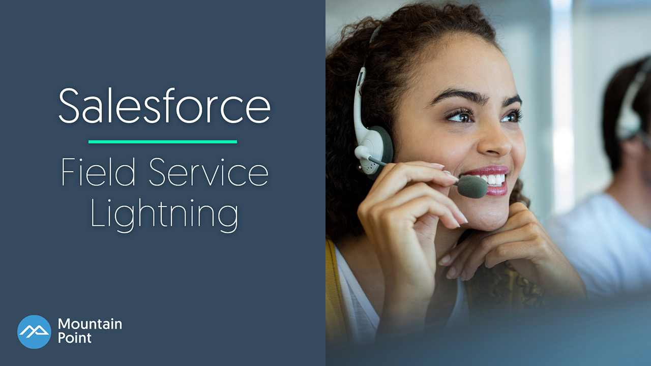 Woman using Salesforce Field Service Lightning tools to set up a service call and dispatch a field service agent. 